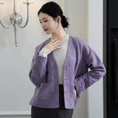 白简朱衣原创设计 外套 加里短款 紫色先染提花V领新中式