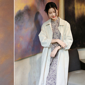 旗袍外搭 白简朱衣原创设计 秋纯棉白色中长款 翻领风衣外套