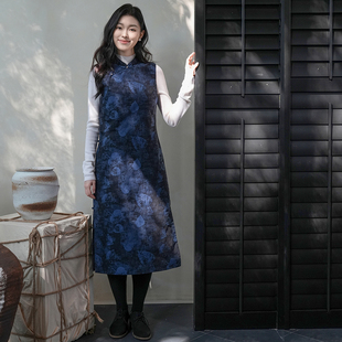 冬色织提花蓝色无袖夹棉旗袍【白简朱衣原创设计】