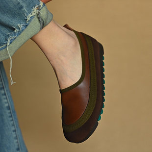 何其丑软牛皮乐福鞋女厚底单鞋平底鞋真皮圆头休闲鞋全包勃肯女鞋