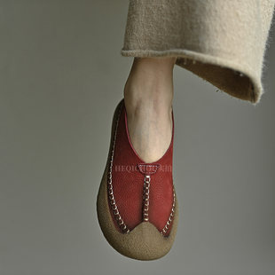 何其丑软牛皮复古圆头平底勃肯鞋女新款软底软面奶奶鞋一脚蹬单鞋