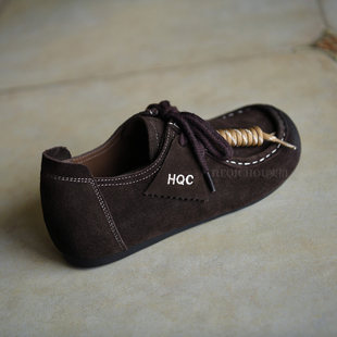 何其丑软牛皮复古圆头平底系带休闲全包勃肯鞋女新款真皮软底单鞋