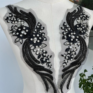 手工钉珠凤尾对花婚纱礼服刺绣蕾丝重工钉珠对称花DIY衬衫外套
