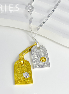 S925银锁骨链女唐草浮雕方牌项链