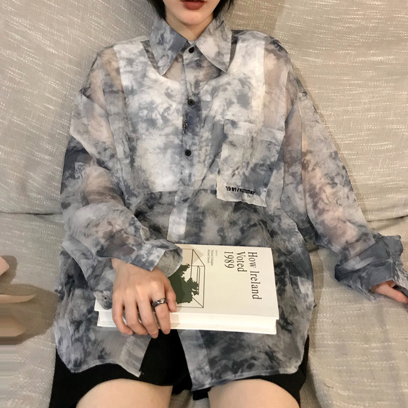 夏季ins原宿风防晒衬衫女长袖薄款网红扎染衬衣宽松中长款上衣潮