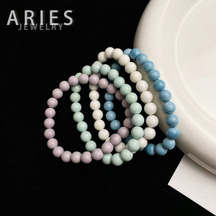 Aries 新款天然阿拉善玛瑙马卡龙手链清新甜美叠戴弹力绳圆珠手串
