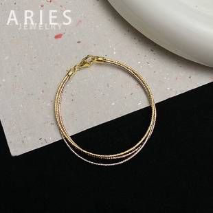 Aries S925纯银意大利三色三层车花蛇骨手链欧美时尚高级混搭手环