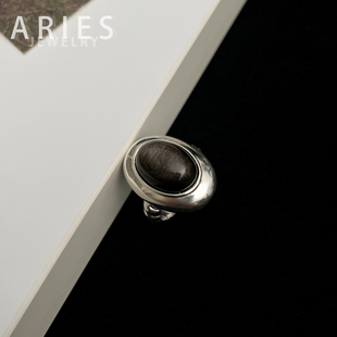 Aries 欧美复古风天然椭圆金曜石戒指S925纯银时尚轻奢高级食指环
