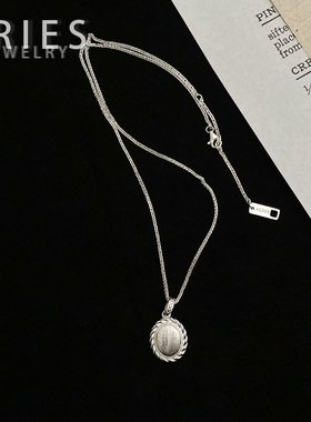 中古款丝绸椭圆花边圆牌项链S925纯银小众设计复古轻奢个性锁骨链