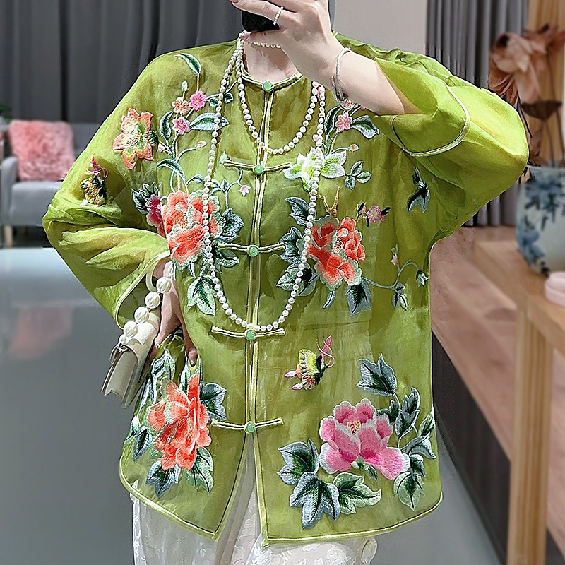 汉服新中式唐装上衣女夏季开衫外搭薄款复古盘扣小衫刺绣国风外套