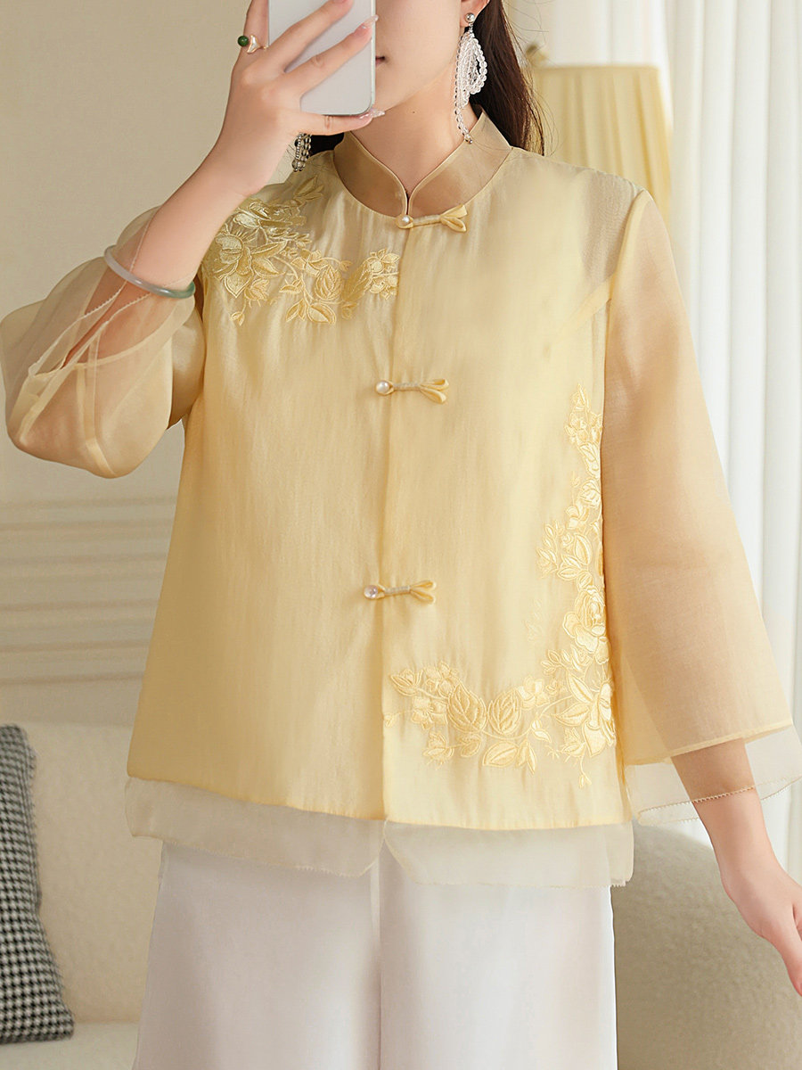 향상된 치파오 중국 스타일 여성 의류 2024 새로운 당나라 정장 HANFU 코트 가디건 여름 수 놓은 플레이트 버튼 중국어 탑