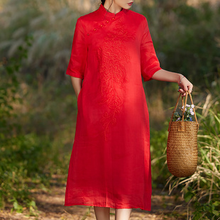 新中式改良旗袍苎麻裙子禅意女士茶服日常可穿轻礼服中国风连衣裙