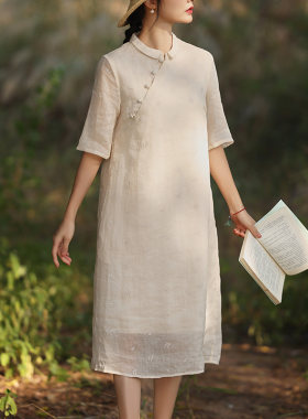 旗袍2025新款茶服日常可穿素雅夏季女士裙子禅意国风新中式连衣裙