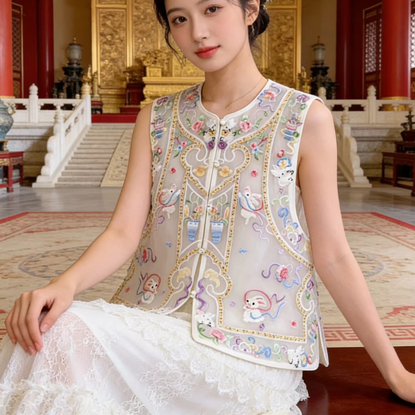 刺绣唐装上衣女年轻款2026夏季新款真丝欧根纱薄款新中式马甲女