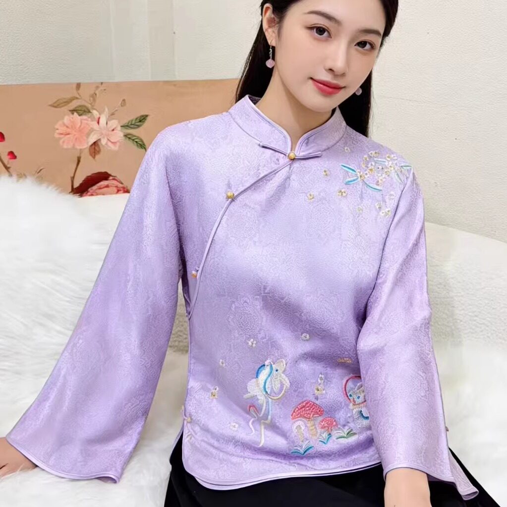 新中式上衣女春夏宽松立领复古国风提花重工玉兔刺绣衬衫改良旗袍