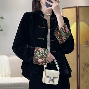 新中式上衣唐装中国风女装旗袍复古禅意盘扣真丝丝绒女士秋冬外套