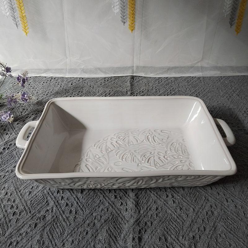 欧式复古浮雕蕾丝花朵双耳大烤盘外贸陶瓷烘焙盘烤箱专用盘焗饭盘