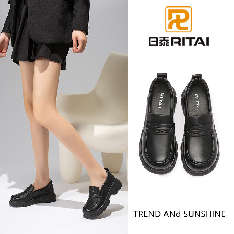日泰头层牛皮乐福鞋厚底增高舒适不累脚女圆头学院风JK黑色小皮鞋