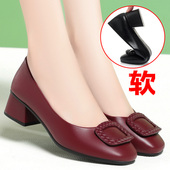 一脚蹬红色女鞋 单鞋 子 圆头春秋款 闰月中年妈妈鞋 真皮瓢鞋 软底皮鞋