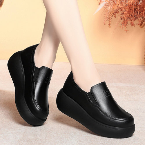 圆头厚底乐福鞋女春季新款复古松糕鞋子真皮不累脚舒适妈妈深口鞋