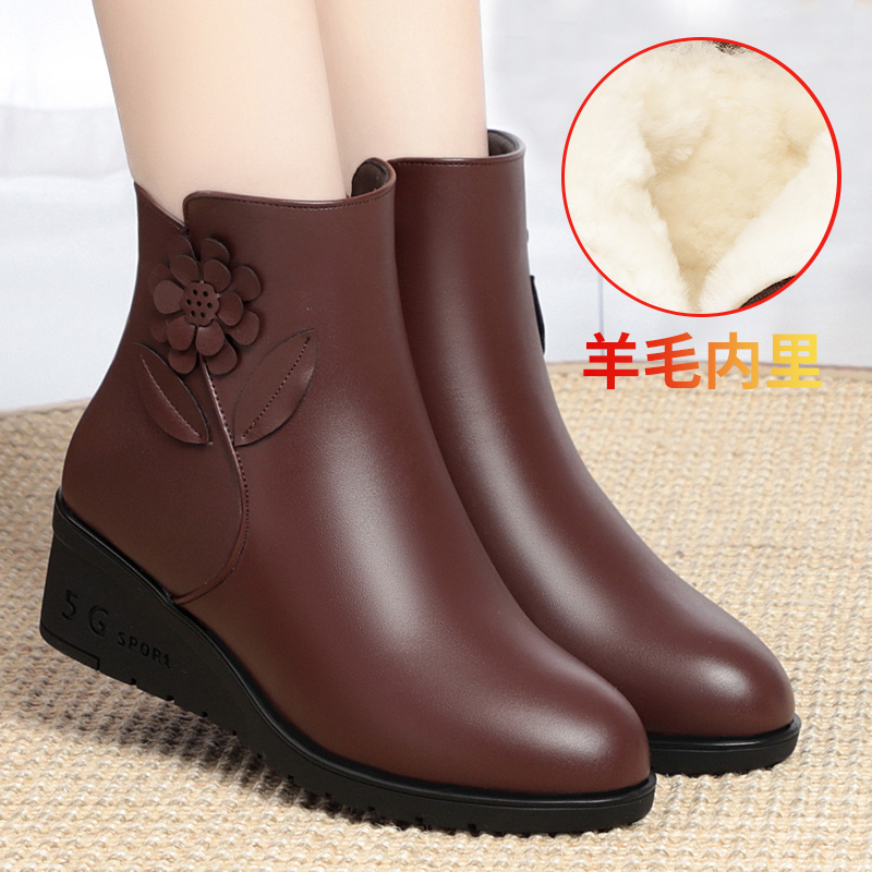 妈妈新款坡跟女鞋短靴加绒保暖