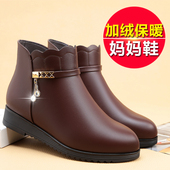 棉鞋 女秋冬季 中年真皮软底短靴平底皮鞋 妈妈鞋 加绒靴子中老年女鞋