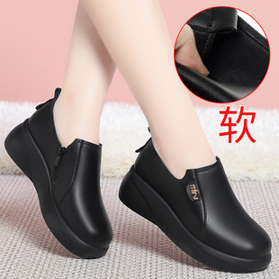 圆头软底不累脚妈妈鞋 真皮厚底坡跟女士皮鞋 子 女鞋 2025年春秋新款