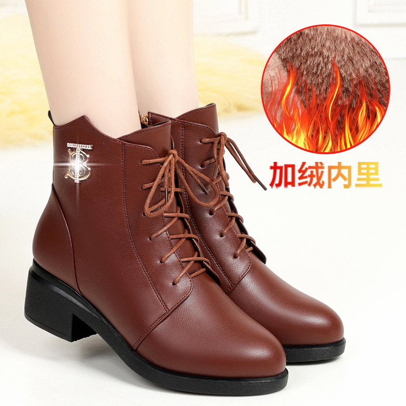 妈妈鞋软底棉鞋加绒真皮马丁鞋