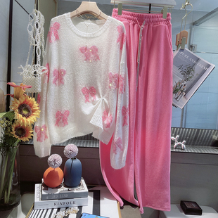 秋季新款重工烫钻闪闪软妹初恋减龄马海毛蝴蝶结薄款温柔风毛衣女