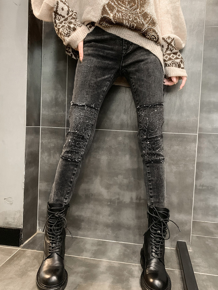 Velvet jeans women's autumn new 2020 European station heavy industry tight hole fashion thin high smoke pipe pants