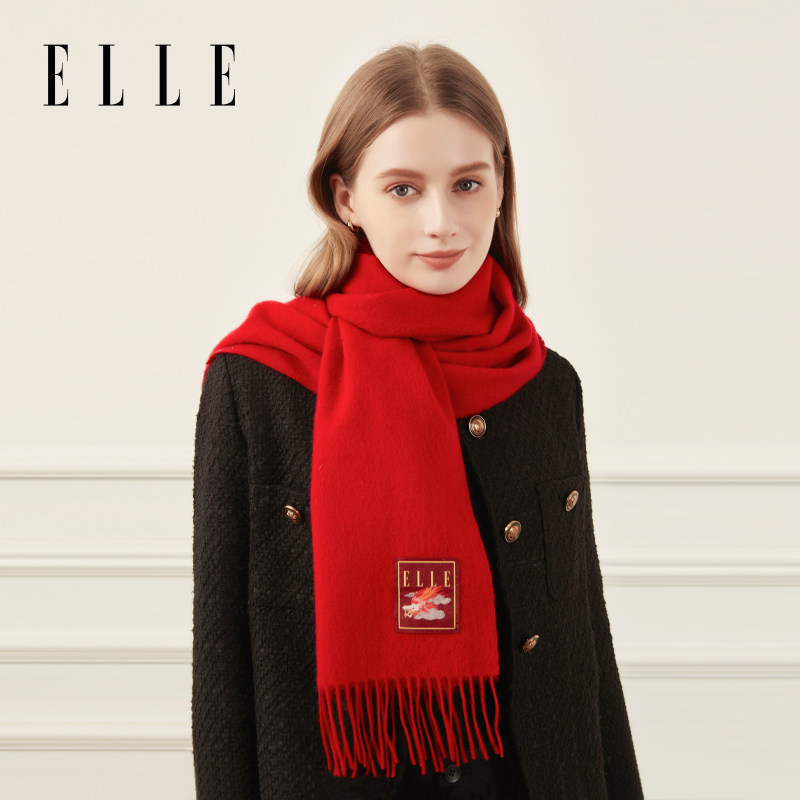 ELLE龙标节日红围巾羊毛女秋冬保暖围脖本命年新年穿搭送礼礼盒装