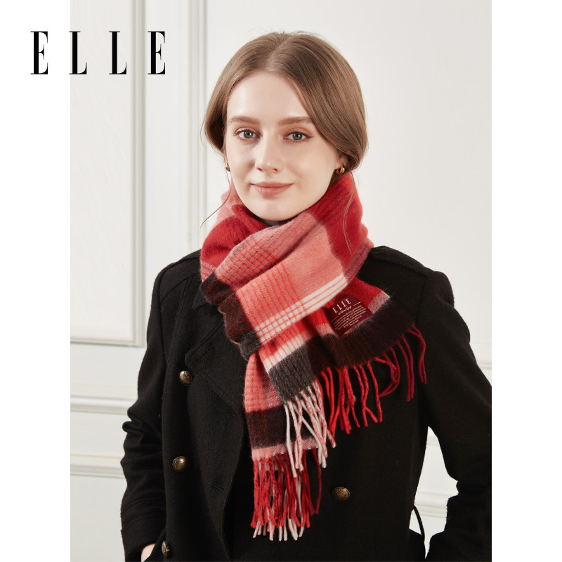 ELLE100%山羊绒格纹围巾秋冬保暖百搭时尚出游围脖新年红色礼盒装