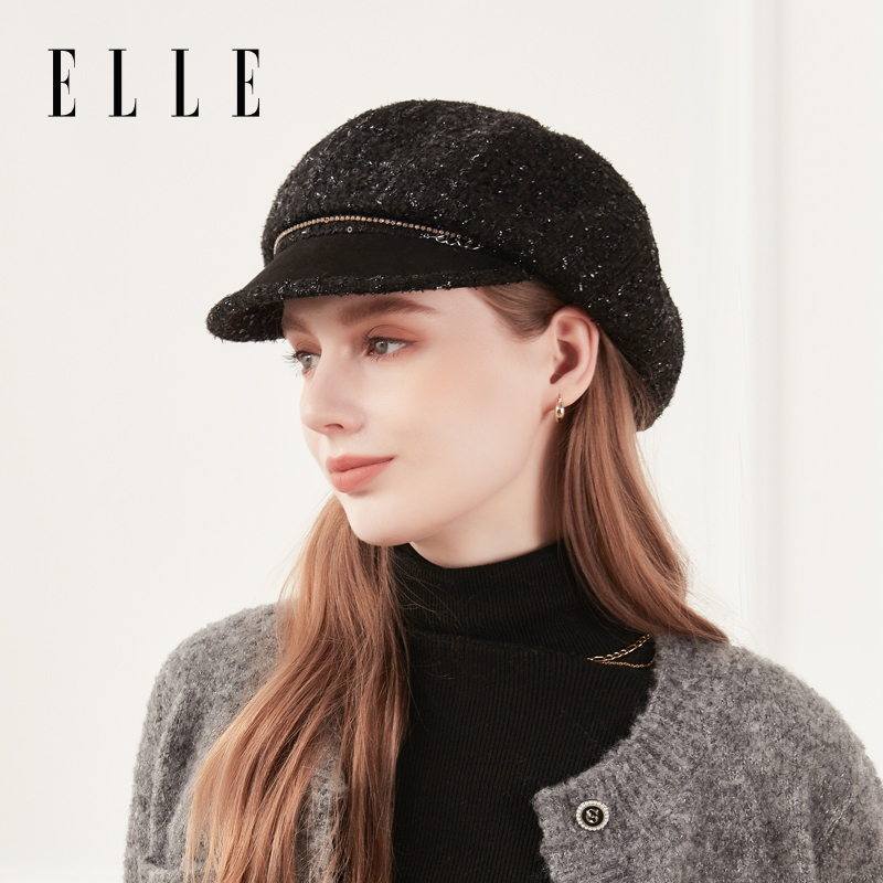 elle秋冬女帽子显脸小亮片报童帽