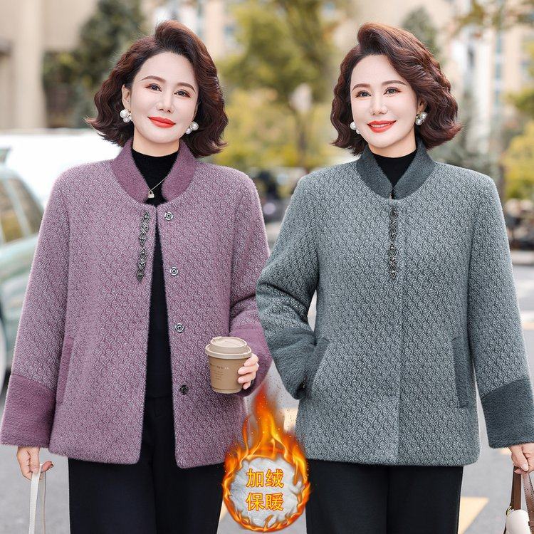 气质中年妈妈装冬装毛呢外套加绒时尚中老年女装加厚保暖大码棉衣