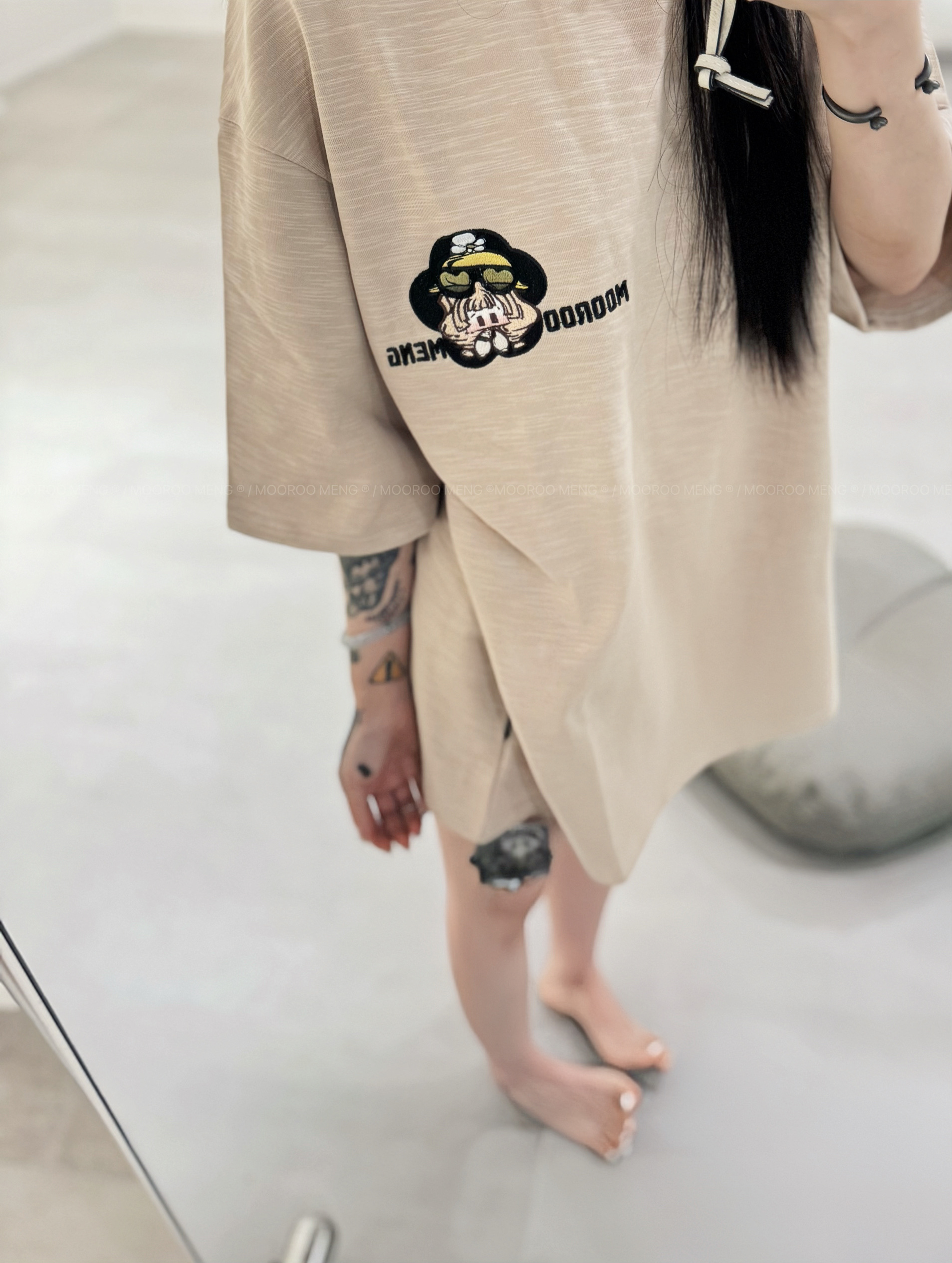 mooroo meng新品原创刺绣直升机杏色竹节棉宽松短袖T恤