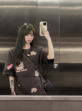 夏日新品酱酱原创重磅面料正面满刺绣圆领宽松版纯棉T恤