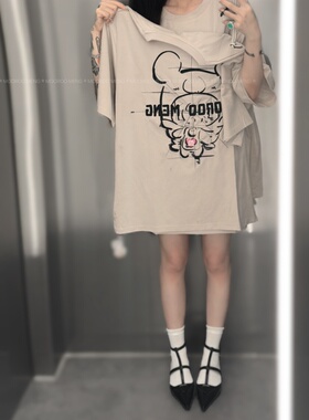 mooroo meng 原创小众设计小熊刺绣轻薄款米灰色短袖T恤宽松上衣