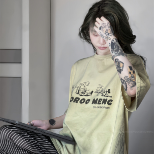 mooroo新品 纯棉T恤 绿色脏工艺原创手绘简约230g面料宽松版