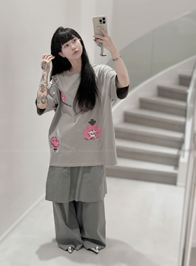 mooroo meng 新品原创花花满绣花花图案圆领纯棉暖灰色短袖上衣