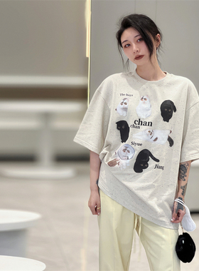 新品原创小众设计感猫咪印花重磅点染工艺精梳棉短袖宽松圆领T恤