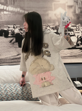 24夏季新款ins风纯棉重磅百搭宽松原创手绘印花嗷呜短袖T恤上衣