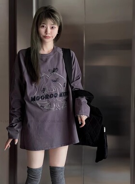 mooroo24秋新品重磅原创紫色刺绣纯棉圆领长袖情侣宽松卫衣T恤
