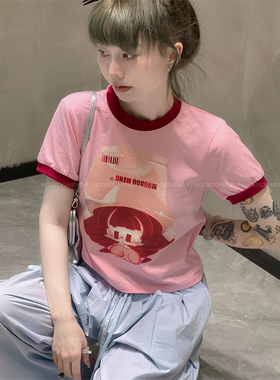 mooroo夏季新品独家印花纯棉原创圆领粉色撞色短款T恤