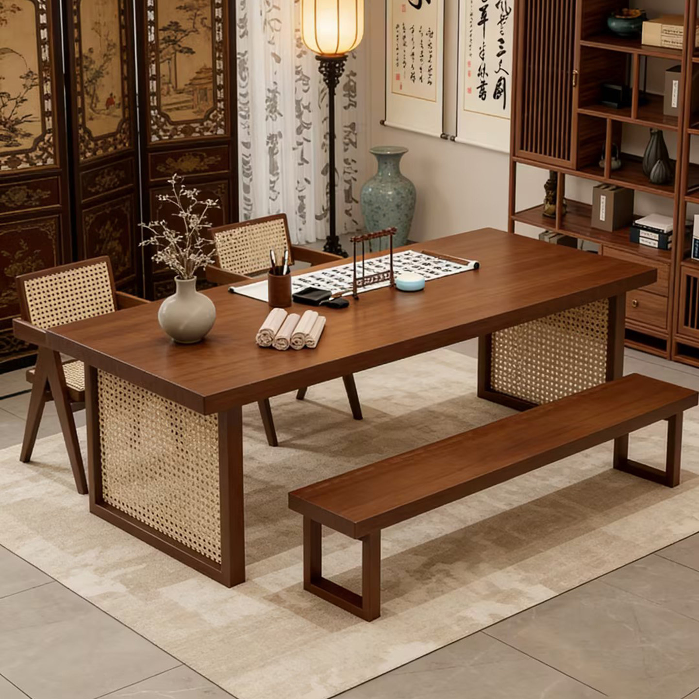 复古风藤编实木书桌客厅大板实木长条书桌新中式阳台茶桌茶台组合,住宅家具,书桌,淘宝优惠券,粉丝福利购,淘宝优惠卷