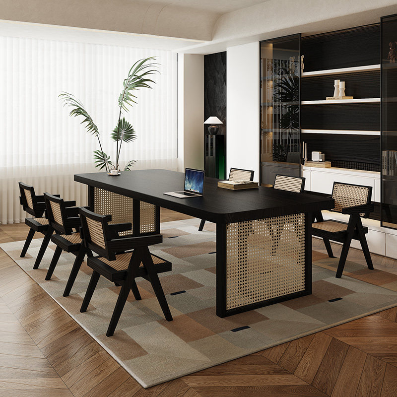 黑色实木书桌侘寂风藤编客厅实木书桌电脑桌办公桌长条学习桌茶桌,住宅家具,书桌,淘宝优惠券,粉丝福利购,淘宝优惠卷