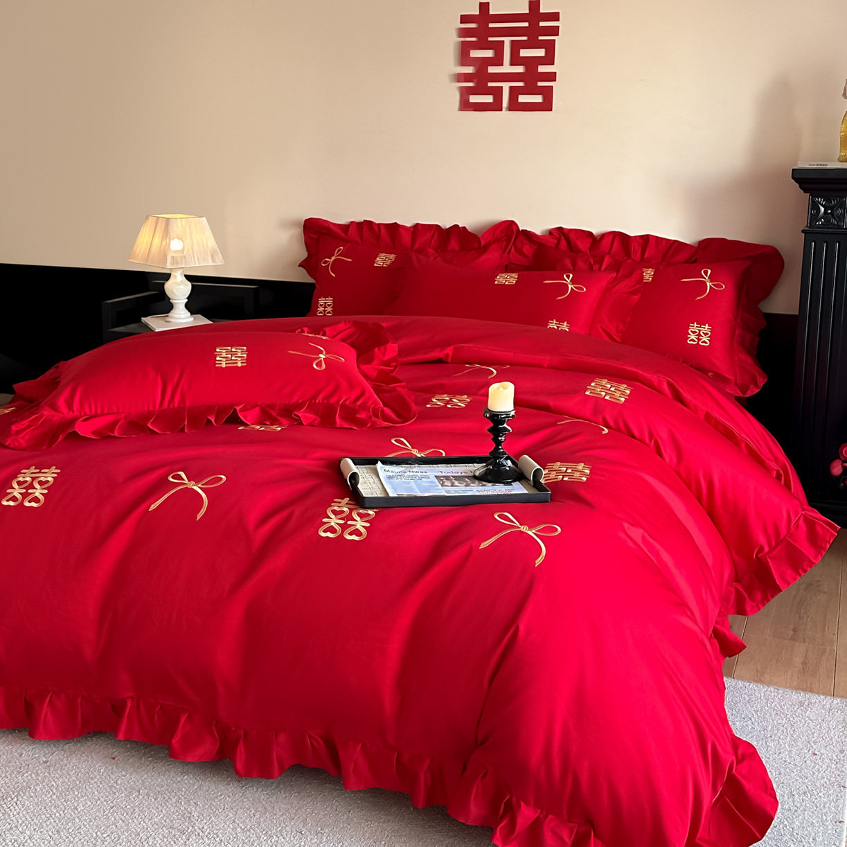 高端喜字刺绣婚庆四件套大红色结婚陪嫁花边被套新婚喜嫁床上用品