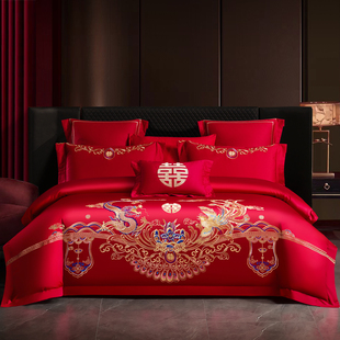 高档龙凤刺绣婚庆四件套新婚喜庆大红色床单被套结婚陪嫁婚礼床品