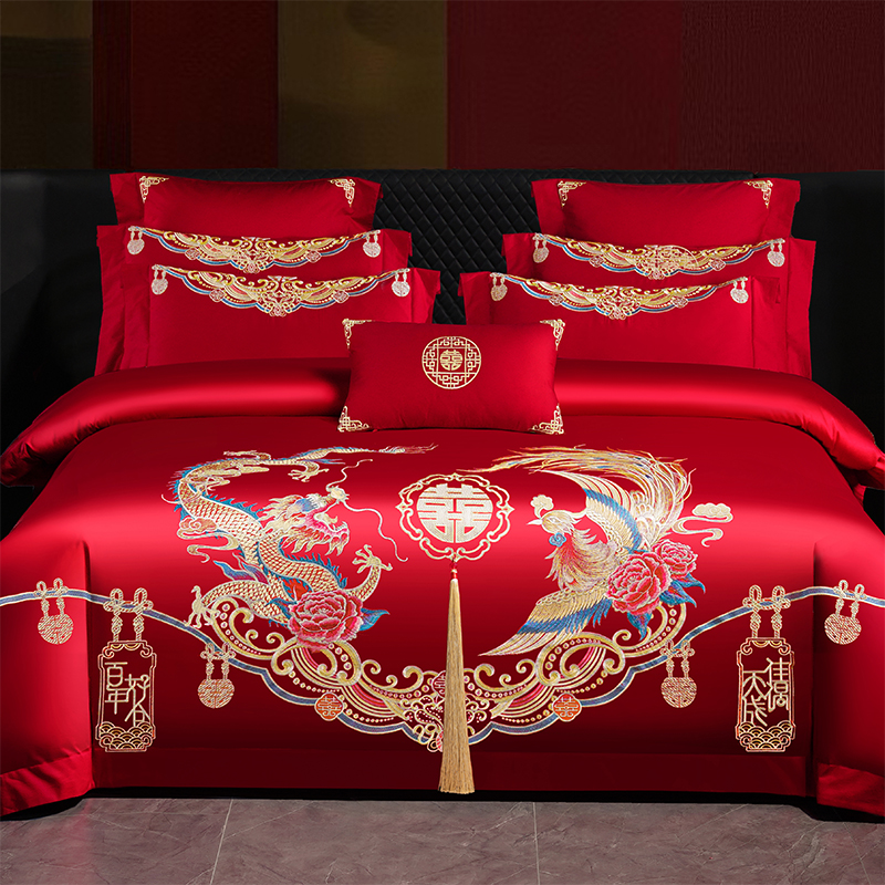 高档龙凤刺绣大红色婚庆四件套