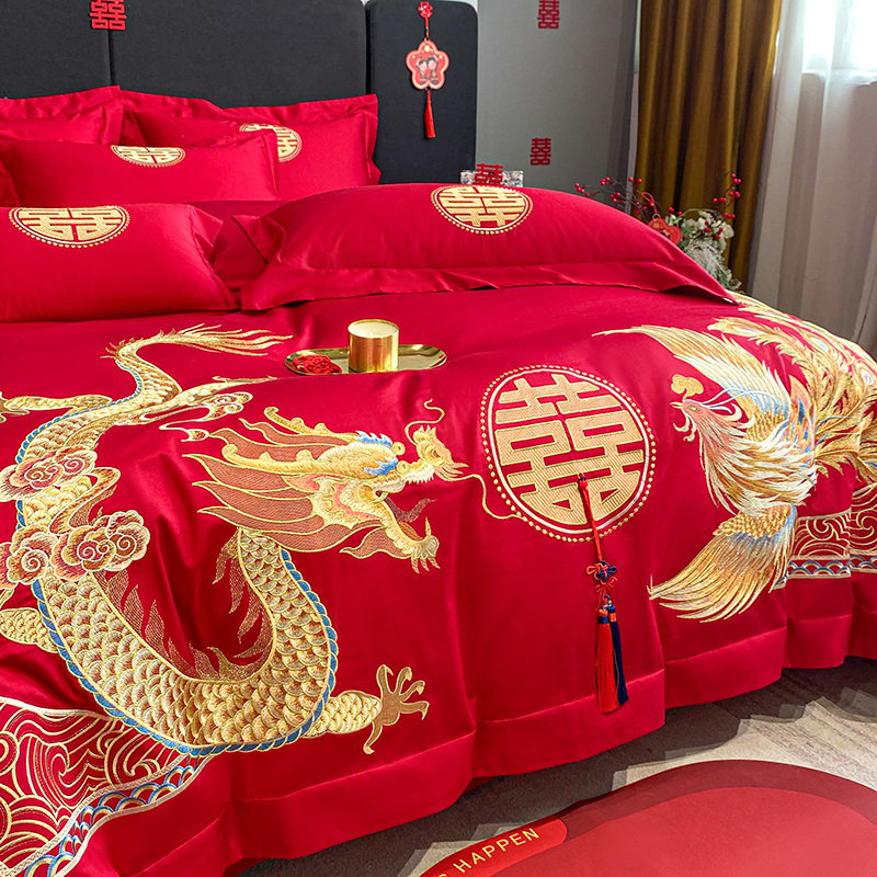 高档龙凤刺绣婚庆四件套红色结婚被套婚房陪嫁床上用品新婚六件套