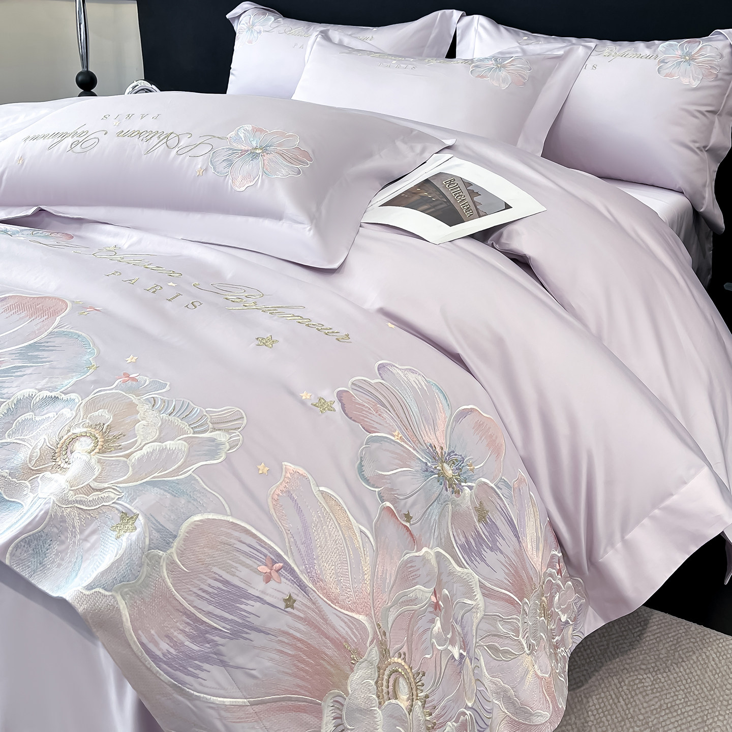 高级感轻奢A类全棉四件套高档花卉刺绣被套床笠亲肤裸睡床上用品4